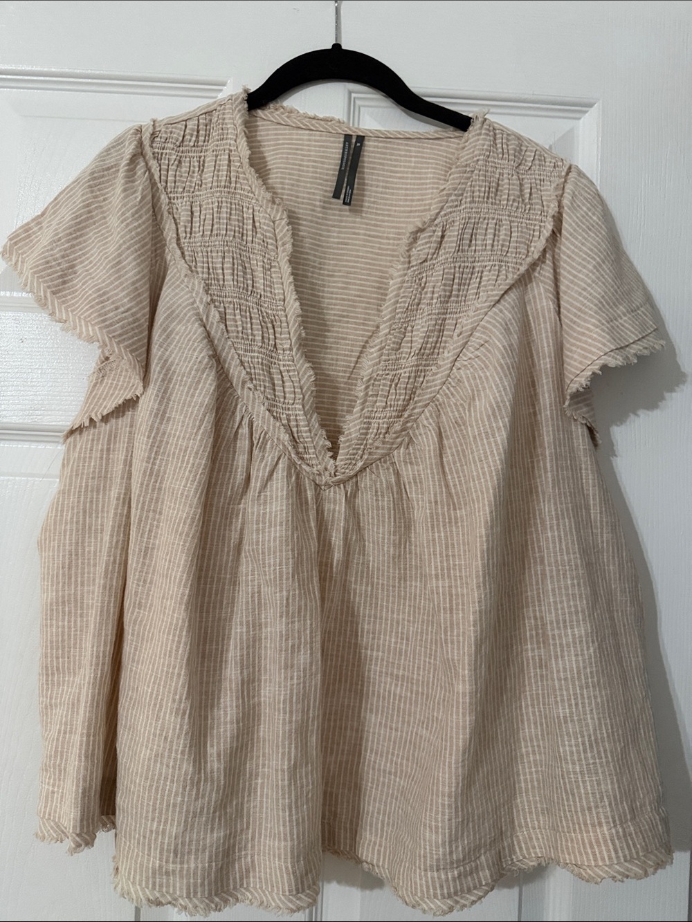 By Anthropologie Short-Sleeve Smocked Linen-Blend Blouse Neutral Pattern